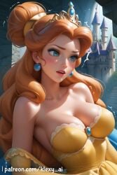 against_wall ai_generated beauty_and_the_beast belle belle_(beauty_and_the_beast) blue_eyes brown_hair day disney_princess earrings_on_ear eyebrow_visible female female klexyai middle_breast on_cloth open_eyes open_mouth red_lipstick stand yellow_dress