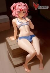 1futa 1girls 2d ai_generated ass bangs barefeet big_ass bra breasts doki_doki_literature_club erection erection_under_clothes erophoenix feet female female_focus full_body futanari looking_at_viewer looking_back natsuki_(doki_doki_literature_club) nude pale_skin pale_skinned_female patreon_username pink_eyes pink_hair small_breasts small_penis smile soles solo solo_female sweat thick thick_thighs toes uncensored