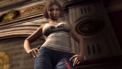 3d absurd_res absurdres bare_shoulders braless brown_hair clothed_female collarbone duke_nukem_(series) duke_nukem_forever emotionless emotionless_female expressionless got_milk hand_on_hips imminent_ntr indifferent jeans laser leaning_to_the_side looking_down male male_pov married_female married_woman milf nameless_character no_bra parody short_hair sierra_entertainment source_request text tight_jeans tomboy tomboy_milf unnamed_character