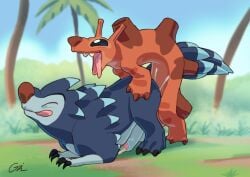 3_toes alien anal balls bodily_fluids cum cum_in_ass cum_inside cum_while_penetrated disney duo experiment_(lilo_and_stitch) feet feral foreskin genital_fluids genitals gin_(feather_trail) grass humanoid_genitalia humanoid_genitalia_on_feral humanoid_penis lilo_and_stitch male male/male male_penetrating palm_tree penetration penis plant spike_(lilo_and_stitch) toes tongue tongue_out tree uncircumcised yang_(lilo_and_stitch)