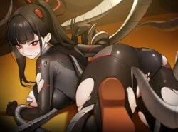 ass black_bodysuit black_hair black_halo blue_archive blurry blush bodysuit breasts bright_pupils censored clenched_teeth commentary consensual_tentacles convenient_censoring crotch_cutout depth_of_field dokuro_deluxe female from_behind hair_intakes hairpods halo highres large_breasts long_hair looking_at_viewer looking_back official_alternate_costume official_alternate_hairstyle paid_reward_available ponytail pussy pussy_peek red_eyes rio_(blue_archive) rio_(bodysuit)_(blue_archive) skindentation solo sweat teeth tentacle tentacle_grab tight_clothes torn_bodysuit torn_clothes very_long_hair white_pupils