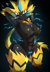 anthro black_background black_body blue_eyes blue_nipples bodily_fluids breasts electricity felid feline female fur generation_7_pokemon genitals glistening glistening_body hands_behind_head hi_res legendary_pokemon looking_at_viewer mammal multicolored_body multicolored_fur nintendo nipples pokemon pokemon_(species) pussy simple_background solo sweat tail thick_thighs whiskers yellow_body yellow_fur zeraora zerrymon