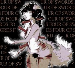 4_fingers absurd_res anthro black_hair black_nails blood blood_on_chest blood_on_weapon blood_spray bodily_fluids breasts canid canine colored_nails combat_knife dying dying_eyes ear_piercing english_text facial_piercing female fingers fluffy fluffy_tail hair hi_res humanoid impalement mammal midizuid monochrome multicolored_body nails navel nipple_piercing nipples nose_piercing nose_ring open_mouth piercing pubes pubic_fuzz restricted_palette ring_piercing saliva saliva_string small_breasts solo tail tears tears_of_pain tears_on_cheek teeth_showing text tongue two_tone_body two_tone_tail weapon weapon_penetration wounded