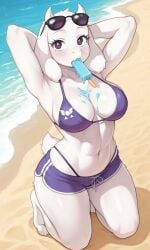 ai_generated anthro athletic_female beach booty_shorts highleg_panties popsicle sunglasses_on_head swimsuit toned toriel undertale younger_female
