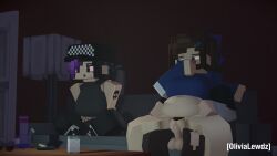 1boy 2girls belly blue_eyes bong bow brown_hair chubby couch couch_sex dick dyed_hair emo fat_female female goth_girl hair_bun hair_clip hat hoodie justin_(olivialewdz) maddie_(olivialewdz) makeup male minecraft olivia_(olivialewdz) olivialewdz pantsless penetration piercing ponytail pubic_hair purple_eyes tattoo turtleneck weed