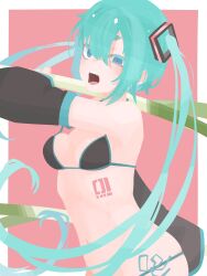 angry angry_face armwear attack attacking_viewer bikini blue_hair blush breasts celery charging_up female hair_ornament hara_id_21 hatsune_miku long_hair open_mouth panties small_breasts small_waist string_panties tattoo vocaloid waist