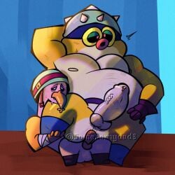 ! almost_naked anthro arthropod_humanoid artist_name balls bandaged_arm big_ass big_belly big_penis big_penis_small_balls black_sclera blush_lines boots brawl_stars cartoony chubby_male crustacean crustacean_humanoid fat full_color gay gay_sex gloves_and_boots_only hand_on_hip hank's_tank_(brawl_stars) hank_(brawl_stars) humanoid_penis legs_held_open legs_spread legs_up living_machine looking_pleasured male male/male military_helmet movement_lines muscular muscular_male nervous_face nipples_outside orange_body penetration precum precum_drip shrimp shrimp_humanoid sitting_on_person small_top_big_bottom somehornydud3 sweating tagme two_tone_body