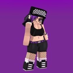 beauty_mark belly_button_piercing belt big_breasts black_hair checkered_hat dyed_hair earrings emo female fishnets glasses goth hat makeup minecraft nail_polish olivia_(olivialewdz) olivialewdz piercing ponytail purple_hair shoes socks spiked_bracelet