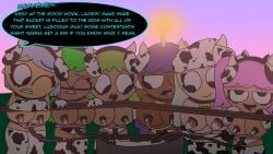 6girls ass big_breasts bikini bikini_bottom bikini_top bow_(ii) breasts breasts_out cabby_(ii) candle_(ii) clover_(ii) cow_ears cow_girl cow_horns cow_print cow_print_bikini cowbell dialogue female female_focus human humanized inanimate_insanity lactating lactation male mephone4 milk milking mp1yftfs_(artist) multiple_girls object_shows offscreen_male outdoors outside tagme tagme_(artist) tea_kettle_(ii) test_tube_(ii)