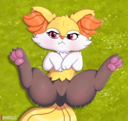 1girls 2019 3_toes anthro blush bnbigus braixen breasts canid canine claws female furry inner_ear_fluff lying mammal navel nintendo nipples pawpads paws pink_pawpads pokémon_(species) pokemon pokemon_(species) pokemon_xy puffy_nipples pussy red_eyes saliva simple_background solo spread_legs spreading text thick_thighs toe_claws toes video_games watermark white_pawpads wide_hips