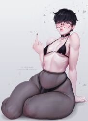 1girls artist_name bikini black_bikini black_eyes black_hair black_nail_polish blush choker collar female female_only glasses goth hi_res kiki_(anikiki_kun) leaning_on_hand legwear liokko_mao looking_at_viewer middle_finger narrowed_eyes panties panties_under_pantyhose pantyhose pantyhose_only petite round_glasses short_hair simple_background sitting small_breasts solo thick thick_thighs thin_waist very_short_hair voluptuous wide_hips