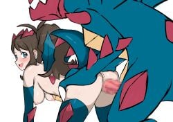 anus ass big_breasts blue_eyes breasts brown_hair censored censored_penis cosplay doggy_style doggy_style druddigon druddigon_(cosplay) elbow_gloves female female_penetrated hilda_(pokemon) human male male_penetrating male_penetrating_female mosaic_censoring mosaic_censorship nipples nivi open_mouth pokemon pokemon_(species) pokephilia sex straight thighhighs vaginal_penetration vaginal_penetration vaginal_sex white_background