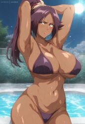 1girls ai_generated aimhoen armpits arms_behind_head artist_name big_breasts bleach blush breasts colored dark-skinned_female dark_skin detailed_background female female_only long_hair looking_at_viewer moon night patreon ponytail pool purple_bikini purple_hair shihouin_yoruichi shiny_skin sky solo_female sweat thick_thighs trees uncensored voluptuous voluptuous_female water wide_hips yellow_eyes
