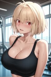 ahoge ai_generated arcueid_brunestud big_breasts blonde_hair breathing_heavily cleavage enormous_breasts huge_breasts large_breasts looking_at_viewer melty_blood panting red_eyes short_hair steam steaming_body sweat sweating tagme top_heavy tsukihime
