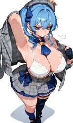 30bagsofballs accessories accessory ai ai_generated armpits blue_eyes blue_hair boots bottom_heavy bra braid crown earrings female fingerless_gloves full_body gloves hair_ribbon hair_tied hat hololive hololive_gen_0 hololive_japan hoshimachi_suisei huge_hips huge_thighs jacket kneesocks large_breasts leg_strap legwear medium_breasts no_background ponytail short_hair side_ponytail simple_background skirt solo standing strap sweat sweatdrop sweating thick_thighs thighhighs tie tied_hair undressing uniform uniform_top white_background white_bra wide_hips
