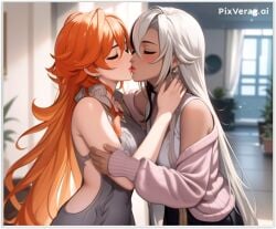 2females 2girls 2women ai_generated arlecchino_(genshin_impact) genshin_impact lesbian_couple lesbian_domination lesbian_focus lesbian_kiss lesbian_sex mavuika_(genshin_impact) wife_and_wife yuri yuri yuri