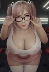1girls ai_generated breasts breasts_bigger_than_head cute dead_or_alive female female_only generalbutch glasses hair_ornament honoka_(doa) huge_breasts koei_tecmo lips nipples nipples_visible_through_clothing pink_hair pink_skirt red_eyes skirt tank_top tecmo thick_thighs thighhighs thighs twintails voluptuous voluptuous_female