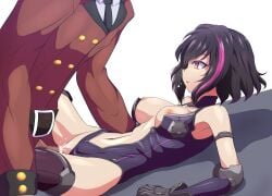 1boy bar_censor black_gloves black_hair black_necktie boots breasts censored center_opening clam_curry clothing_aside coat commander_(girls'_frontline) commentary_request cum cum_in_pussy detached_sleeves expressionless female from_side girls'_frontline gloves griffin_&_kryuger_military_uniform head_out_of_frame highres large_breasts leotard leotard_aside lying multicolored_hair navel necktie nipples no_eyewear on_back parted_lips penis purple_eyes purple_hair purple_leotard purple_sleeves red_coat ripper_(girls'_frontline) sangvis_ferri sex short_hair simple_background straight streaked_hair thigh_boots vaginal_penetration variant_set white_background