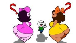 1boy 2girls anon antisuwo big_ass brown_skin chubby chubby_female competition female friday_night_funkin girl_(sock.clip) jesse_(antisuwo) male medium_breasts pink_pants pink_shirt question_mark simple_background small_breasts suggestive yellow_dress