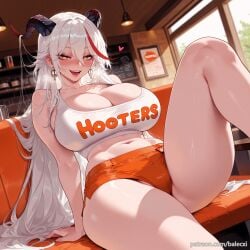 aegir_(azur_lane) ai_generated azur_lane balecxi bare_shoulders blush breasts cleavage crop_top earrings female hair_between_eyes heart horns indoors jewelry long_hair looking_at_viewer midriff navel open_mouth orange_shorts red_hair short_shorts sitting smile solo streaked_hair tank_top thighs white_hair yellow_eyes