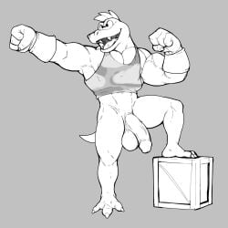 anthro balls barazoku bottomless camo camo_clothing camo_print circumcised clawed_hands claws clothed clothing crate crocodilian donkey_kong_(series) finger_claws genitals glans jrjresq kremling male mohawk muscular muscular_anthro muscular_male nintendo no_underwear open_mouth pattern_clothing pecs penis rareware reptile scalie shirt smile solo tail tank_top teeth toe_claws topwear vein veiny_penis wooden_crate