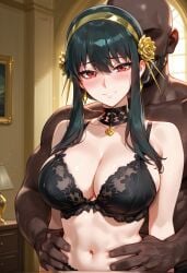 ai_generated beard_stubble blush cheating_wife dark-skinned_male embarrassed hairy_male hand_on_another's_hip large_breasts lingerie looking_at_viewer ntr sad_smile spy_x_family yor_briar yor_forger