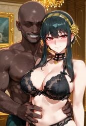ai_generated beard_stubble blush cheating_wife dark-skinned_male embarrassed hairy_male hand_on_another's_stomach large_breasts lingerie looking_at_viewer ntr sad_smile spy_x_family yor_briar yor_forger