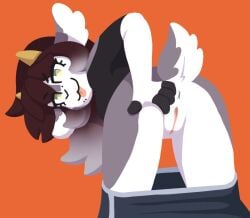 2020 :3 anthro anus ass bottomless bottomless_anthro bottomless_female bottomwear bottomwear_down bovid bups bups_(character) caprine clothed clothing countershading eyelashes female genitals goat green_eyes horn looking_at_viewer mammal maple_syrup_art original original_character pants pants_down partially_clothed presenting presenting_pussy pussy rear_view short_tail solo tail tongue tongue_out x_anus