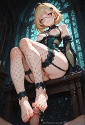 1boy ahoge ai_generated ass bangs bare_shoulders barefoot black_gloves blank_forest blonde_hair breastless_clothes breasts censored corset elbow_gloves emilie_(genshin_impact) feet female fishnet_legwear fishnets footjob garter_straps genshin_impact glasses gloves hair_ornament indoors looking_at_viewer medium_breasts mosaic_censoring nipples no_panties penis pov_feet purple_eyes pussy short_hair sitting smile soles solo_focus straight thighhighs toeless_legwear toenails toes two-footed_footjob uncensored