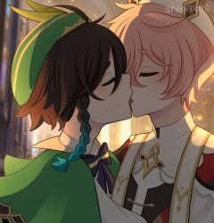 2boys boy boys cute dahlia_(genshin_impact) femboy femboy_only gay gay_domination genshin_impact hoyoverse kiss_on_lips kissing male male/male male_only mihoyo not_porn tagme venti_(genshin_impact) yaoi