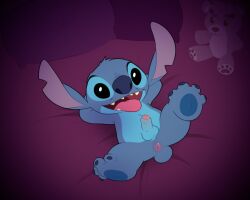 alien anthro anus balls bed blue_body blue_fur disney experiment_(lilo_and_stitch) feet fur furniture genitals hi_res lilo_and_stitch looking_at_viewer lying male male_only notched_ear open_mouth open_smile penis pillow plushie small_tail smile solo stitch_(lilo_and_stitch) tail teddy_bear toes tongue tongue_out yourownsnack