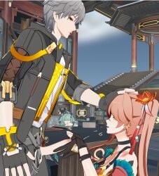 1boy 2girls blender caelus_(honkai:_star_rail) caught choker cum cum_on_face female fingerless_gloves fully_clothed grey_hair guinaifen_(honkai:_star_rail) happy_female headpat hiding_behind_object honkai:_star_rail hoyoverse huohuo_(honkai:_star_rail) limited_sword male mihoyo orange_hair outdoors self_upload shocked_eyes smiling watching