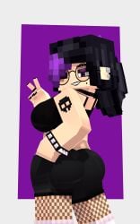 beauty_mark black black_hair black_shirt chocker dyed_hair ear_piercing earrings female fishnets glasses lipstick makeup minecraft nails_painted olivia_(olivialewdz) olivialewdz painted_nails ponytail purple_eyes purple_hair shorts socks spiked_bracelet tattoo