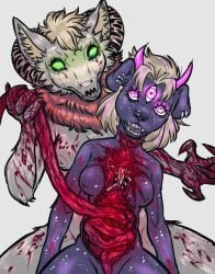 3_eyes anthro blood bodily_fluids canid canine disembowelment duo elly_(its3ize) female female/female gore gore_focus green_eyes guts hi_res horn intestines lynette_(latestyummy) mammal multi_eye organs percings purple_eyes rib_cage trans_(lore) wickerbeast