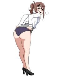 1girls 2d ass ass_focus big_ass black_eyes black_shoes blush breath brown_hair business_suit business_woman collared_shirt digital_media earrings female female_only frilled_panties full_body hair_between_eyes hairclip half-closed_eyes high_heels lifting_skirt lilith_(mkairos47) long_sleeves mkairos47 no_pants open_mouth original panties ponytail puff_of_air simple_background solo sweat underwear white_background