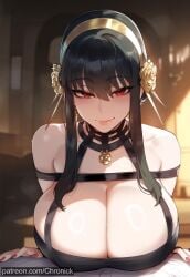 1boy ai_generated bare_shoulders black_dress black_hair blurry_background blush breasts chronick cleavage closed_mouth collarbone dress earrings female flower gold_earrings gold_hairband hair_flower hair_ornament hairband huge_breasts jewelry large_breasts long_hair looking_at_viewer nai_diffusion nail_polish pov red_eyes red_nails rose sidelocks smile solo_focus spy_x_family straight sweat yor_briar