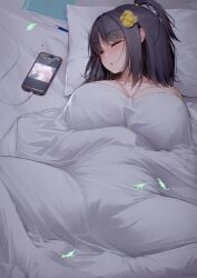 bed_sheet big_breasts breasts female gao-lukchup gao_(gaolukchup) hi_res lights_off loogchoob_(gaolukchup) on_bed open_legs original original_character phone short_hair sleeping