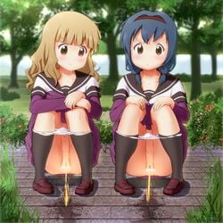 blonde_hair blue_hair female female_only himawari_furutani peeing sakurako_oomuro school_uniform yellow_eyes yuruyuri