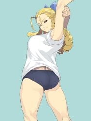 2d armpits arms_up ass athletic athletic_female bare_legs blonde_hair bloomers brown_eyes bubble_butt busty capcom drill_hair female female_focus female_only hourglass_figure karin_kanzuki long_hair looking_at_viewer looking_back panties pinup pinup_pose pose posing rear_view rolled_up_sleeves sideboob standing street_fighter street_fighter_alpha t-shirt tagme themanyoukilled wide_hips