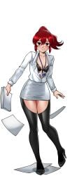 black_background black_bra black_footwear black_thighhighs blush bra breasts cg closed_mouth collarbone collared_shirt female full_body fuyumi_(hentai_heroes) glasses grey_skirt hair_between_eyes hentai_heroes high_heels holding holding_paper id_card kinkoid lanyard long_hair long_sleeves looking_at_viewer miniskirt official_art open_clothes open_shirt paper papers parody pencil_skirt ponytail red_eyes red_hair shirt short_hair skirt small_breasts smile solo standing thighhighs transparent_background underwear white_shirt