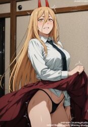 ai_generated bangs black_clothes black_necktie black_neckwear black_panties black_skirt black_underwear blonde_hair blush breasts chainsaw_man clenched_teeth clothes_lift clothes_pull clothing collared_shirt cross-shaped_pupils demon_horns english_text female female female_only hair_between_eyes highleg horns indoors jousneystudio large_breasts lifted_by_self long_hair long_sleeves looking_at_viewer necktie neckwear panties pantsu power_(chainsaw_man) red_horns red_skirt sharp_teeth shirt skirt skirt_lift skirt_pull smile solo standing sweat symbol-shaped_pupils teeth thighs thong trembling underwear uniform white_shirt yellow_eyes