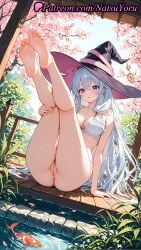 1girls 2025 ai_generated anus ass asshole barefoot black_headwear blue_hair bottomless bra breasts cleavage cleft_of_venus elaina_(majo_no_tabitabi) feet female fish foot_fetish hat hi_res highres juicy_butt koi legs legs_up long_hair looking_at_viewer natsuyoru oshiri patreon purple_eyes pussy sitting soles solo thighs toes uncensored underwear vagina very_long_hair voluptuous voluptuous_female wandering_witch_:_the_journey_of_elaina water white_bra white_hair witch_hat