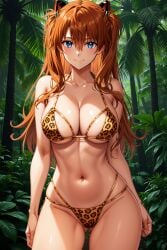 1girl ai-created ai_generated alternative_bust_size animal_print asuka_langley_sohryu bangs bare_arms bare_shoulders bikini blue_eyes blush breasts brown_hair clavicle cleavage closed_mouth clothing day female female_only gluteal_fold groin hair_between_eyes hair_ornament headgear headwear high_resolution inner_thighs interface_headset large_breasts leopard_print linea_alba long_hair looking_at_viewer medium_breasts multi-strapped_bikini_bottom nature navel neon_genesis_evangelion orange_hair outdoors palm_leaf palm_tree plant rena_aikawa_(pixiv_user) shiny shiny_skin skindentation sky smile solo standing stomach string_bikini swimsuit thigh_gap thighs tree two_side_up water