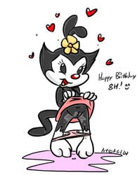 2002 a.g.i. animaniacs black_fur clothes clothing color dot_warner female female_only feral flower front_view fur panties pussy_juice red_nose skirt solo standing tagme vulva white_fur