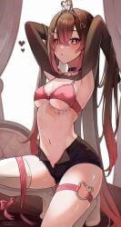 1girls 2d akumana blush bra brown_hair choker dyed_hair eyeliner eyeshadow female garter_belt kuho_mataru makeup pink_eyes pink_hair ribbon shorts solo thighhighs tiara topless two_tone_hair unbuttoned vtuber