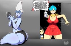 1girls 2boys alviriaart angel_(dragon_ball) anger_vein angry annoyed ass background_character big_ass big_breasts black_hair blue_hair blue_skin breasts bulma_briefs cellphone cleavage clothing crop_top dialogue dragon_ball dragon_ball_super dress female femboy looking_back male panties phone selfie sitting text thick_thighs vegeta whis white_hair wide_hips