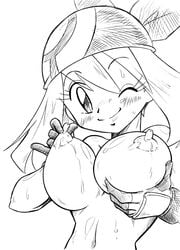 arukime breasts erect_nipples human human_only large_breasts may_(pokemon) monochrome pointy_chin pokemon