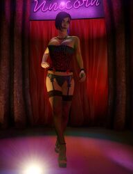 3d 3d_render absurd_res absurdres bare_shoulders black_hair black_panties black_thong chasity_(gta) cinematic cleavage collarbone corset corset_bra emotionless emotionless_female expressionless female female_focus female_only fishnet_legwear fishnets glaring grand_theft_auto grand_theft_auto_v high_heels high_highs highres huge_breasts necklace nylons purple_eyes rockstar_games short_hair source_request stripper strutting text thighhighs thong tomboyish vanilla_unicorn walking