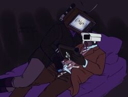 blush clothed cum cum_on_clothes fondling hand_on_penis mostly_clothed object_head on_back owo puppyratcat simp_cameraman_(skibidi_toilet) skibidi_toilet tv_head tvwoman_(skibidi_toilet) watching_porn