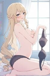 1girls ai_generated barefoot blonde_hair blue_eyes blush bra breasts covering_breasts ebimaru_daicon female genshin_impact looking_at_viewer navia_(genshin_impact) panties panties_only smiling_at_viewer topless